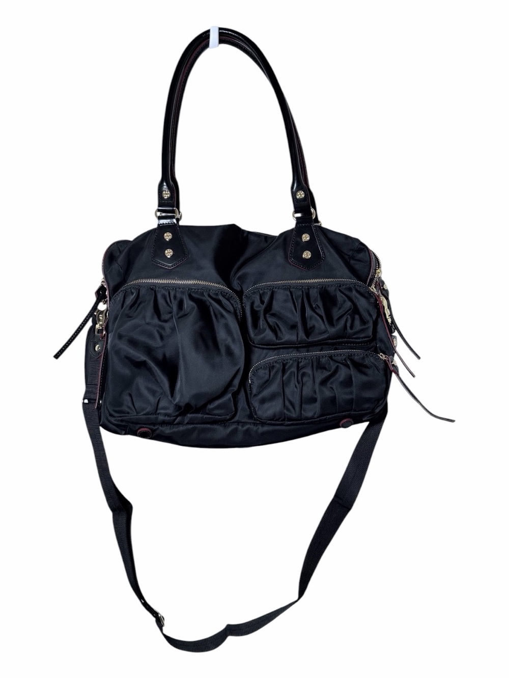 MZ Wallace Black Nylon Ruched Satchel Convertible Crossbody Bag Gold Hardware - Picture 2 of 11